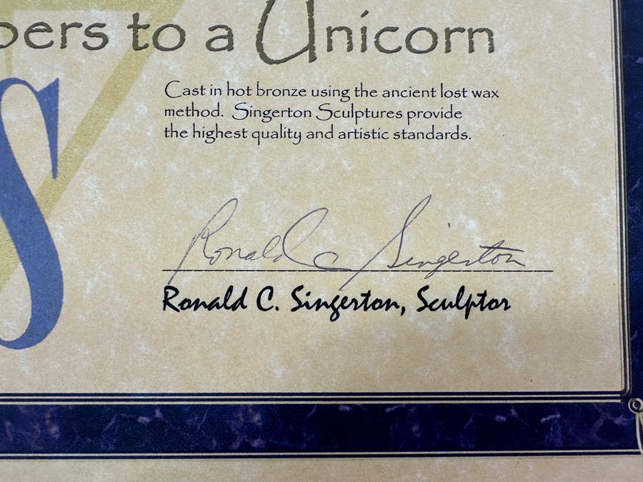 Ronald C. Singerton Bronze Unicorn Sculpture Titled 'Whispers To A Unicorn' Edition Number 1 Of 35 With C.O.A. 13W X 11D X 22H [Photo 16]