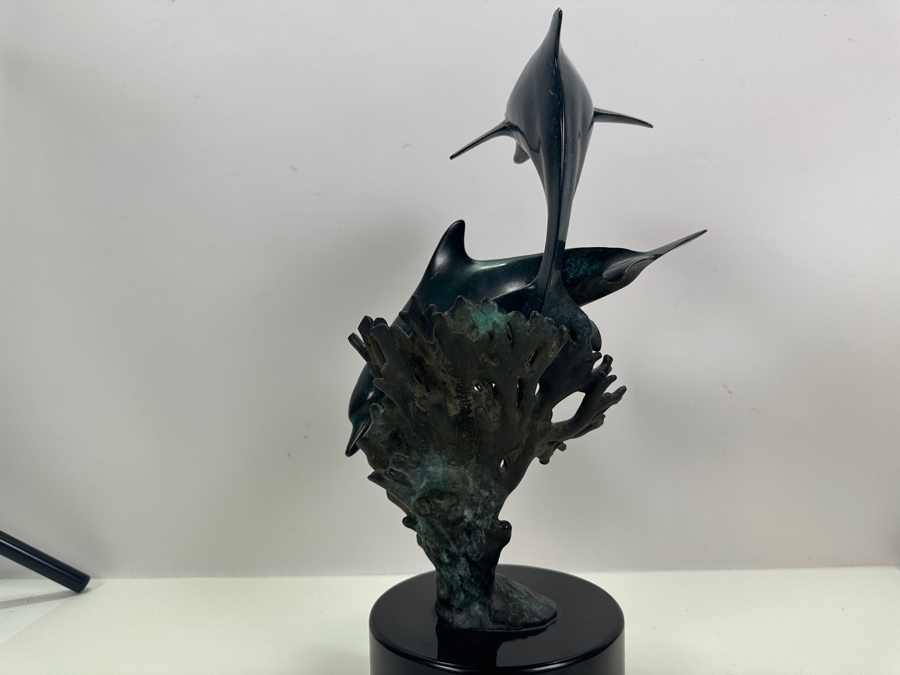 Dale Joseph Evers (B. 1955, Hawaii) Bronze Dolphin Sculpture Limited Edition Artist Signed On Marble Base 6W X 15.5H [Photo 17]