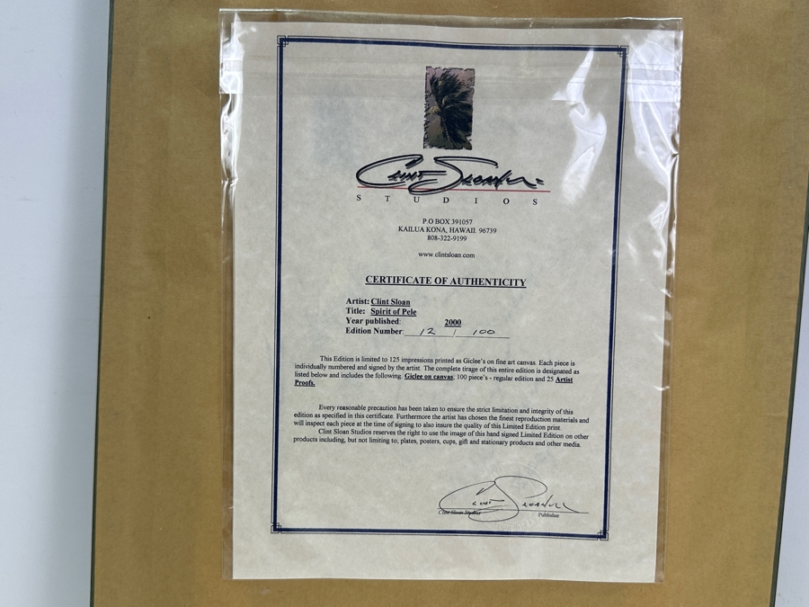 Clint Sloan Hand Signed Limited Edition Giclee Print Titled 'Spirit Of Pele' Numbered 12 Of 100 Dated 2000 10 X 25 Framed With C.O.A. [Photo 8]