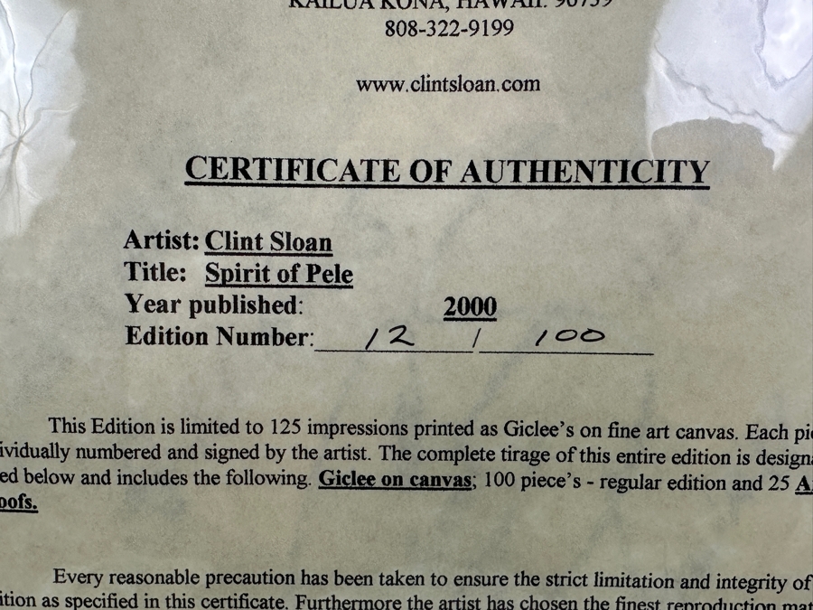 Clint Sloan Hand Signed Limited Edition Giclee Print Titled 'Spirit Of Pele' Numbered 12 Of 100 Dated 2000 10 X 25 Framed With C.O.A. [Photo 9]