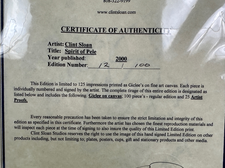 Clint Sloan Hand Signed Limited Edition Giclee Print Titled 'Spirit Of Pele' Numbered 12 Of 100 Dated 2000 10 X 25 Framed With C.O.A. [Photo 10]