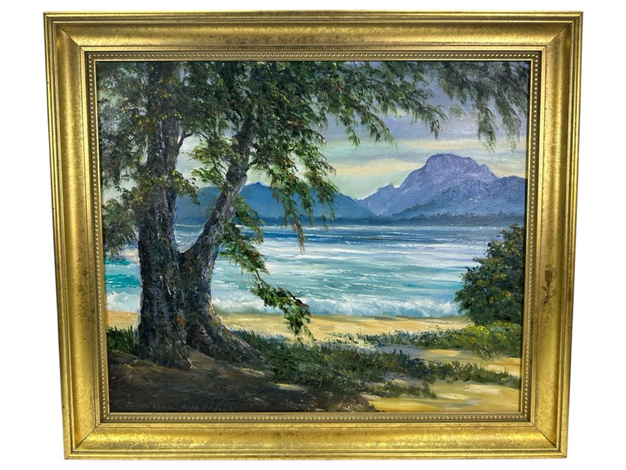 Stephen Sands (B. 1930, Hawaii) Original Plein Air Oil Painting On Canvas Titled 'Kapaa Shores' Dated January 23, 2002 Kauai, Hawaii 24 X 20 Framed [Photo 2]