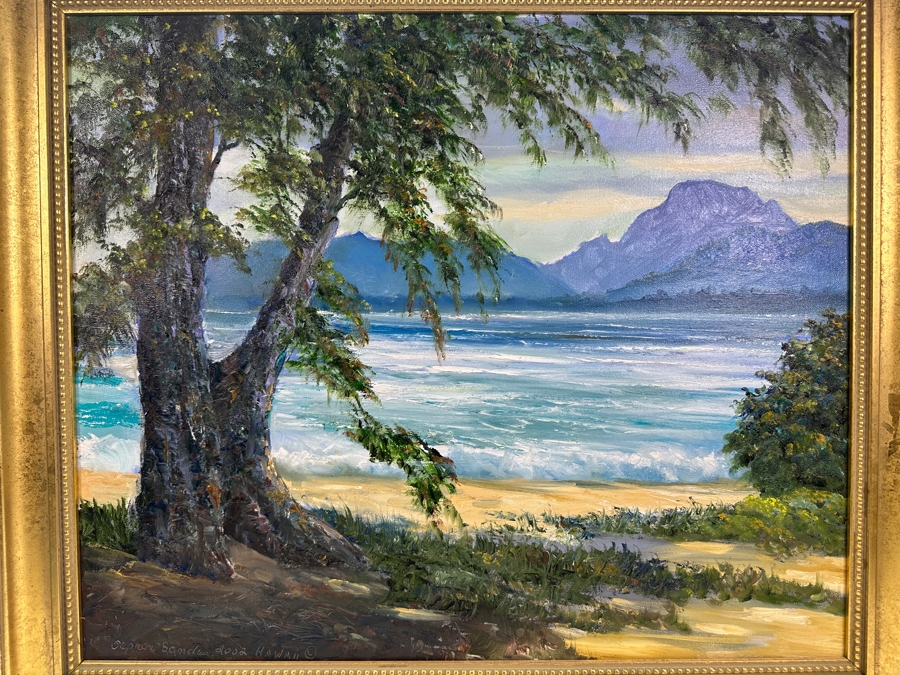 Stephen Sands (B. 1930, Hawaii) Original Plein Air Oil Painting On Canvas Titled 'Kapaa Shores' Dated January 23, 2002 Kauai, Hawaii 24 X 20 Framed [Photo 1]