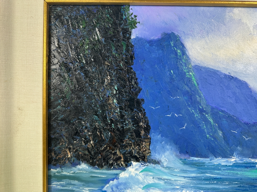 Stephen Sands (B. 1930, Hawaii) Original Plein Air Oil Painting On Canvas Titled 'High Surf - Na Pali Coast' Dated November, 2001 Hawaii 20 X 16 Framed [Photo 7]