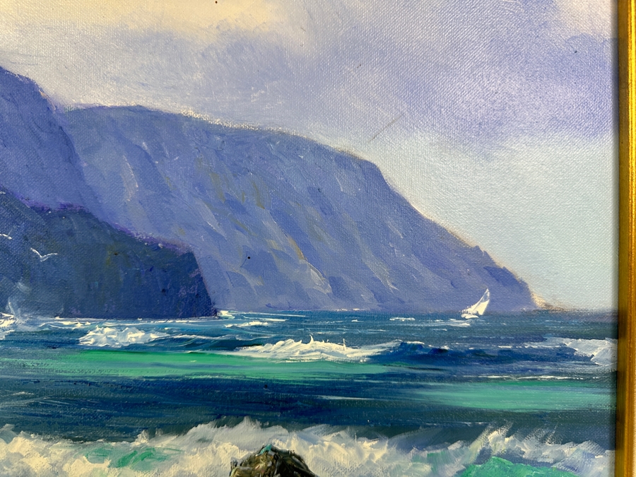 Stephen Sands (B. 1930, Hawaii) Original Plein Air Oil Painting On Canvas Titled 'High Surf - Na Pali Coast' Dated November, 2001 Hawaii 20 X 16 Framed [Photo 5]