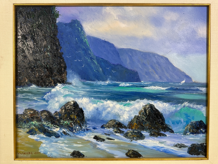 Stephen Sands (B. 1930, Hawaii) Original Plein Air Oil Painting On Canvas Titled 'High Surf - Na Pali Coast' Dated November, 2001 Hawaii 20 X 16 Framed [Photo 1]