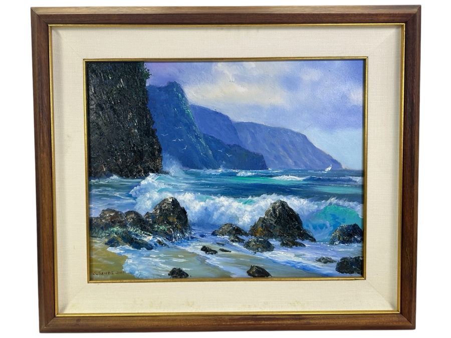 Stephen Sands (B. 1930, Hawaii) Original Plein Air Oil Painting On Canvas Titled 'High Surf - Na Pali Coast' Dated November, 2001 Hawaii 20 X 16 Framed [Photo 2]