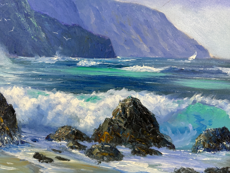 Stephen Sands (B. 1930, Hawaii) Original Plein Air Oil Painting On Canvas Titled 'High Surf - Na Pali Coast' Dated November, 2001 Hawaii 20 X 16 Framed [Photo 4]
