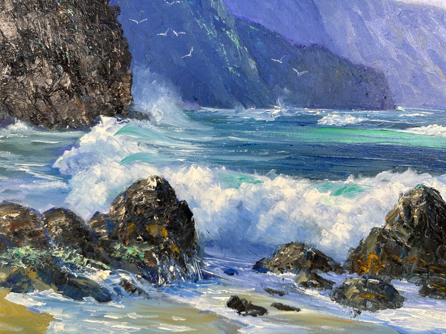 Stephen Sands (B. 1930, Hawaii) Original Plein Air Oil Painting On Canvas Titled 'High Surf - Na Pali Coast' Dated November, 2001 Hawaii 20 X 16 Framed [Photo 3]