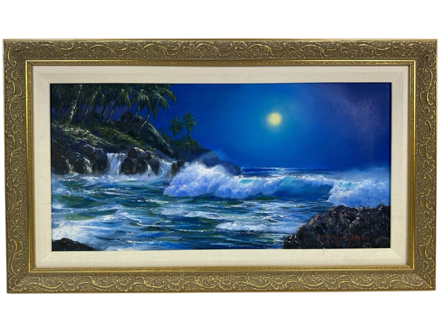 Stephen Sands (B. 1930, Hawaii) Original Plein Air Oil Painting On Canvas Dated 1998 Hawaii 24 X 12 Framed [Photo 2]