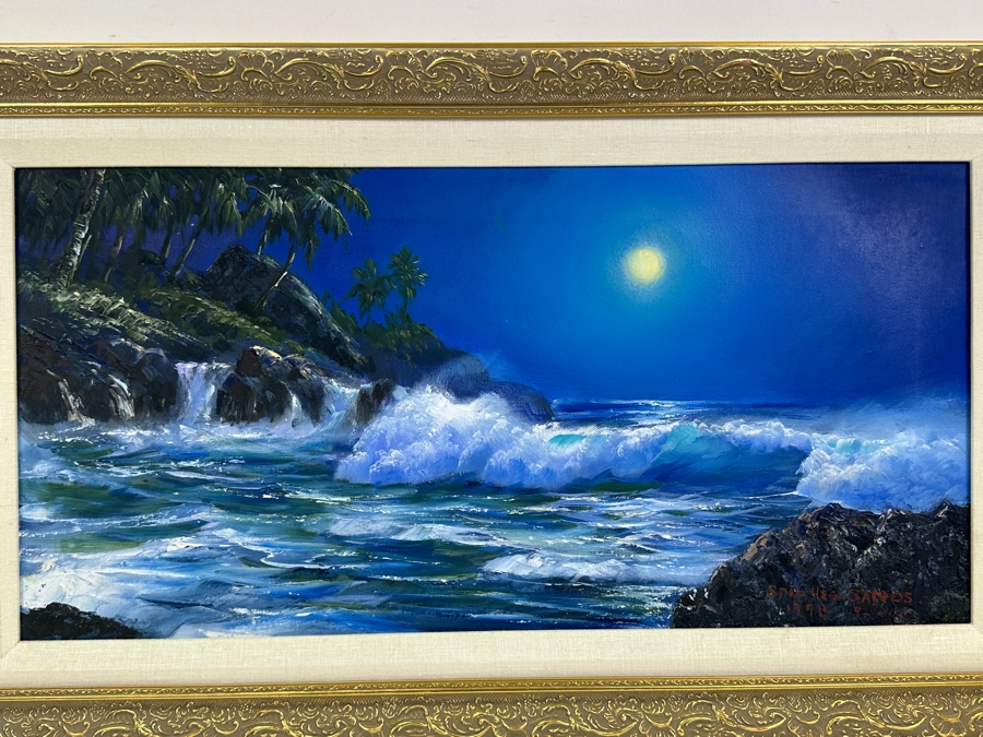 Stephen Sands (B. 1930, Hawaii) Original Plein Air Oil Painting On Canvas Dated 1998 Hawaii 24 X 12 Framed [Photo 3]