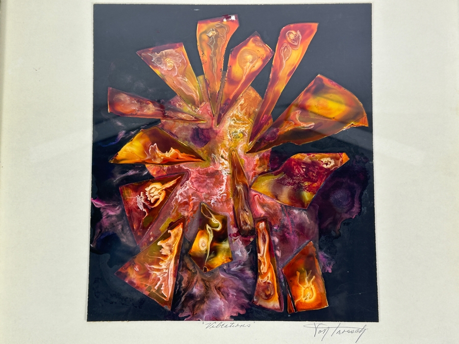 Original Mixed-Media Glass Collage Titled 'Vibrations' Artist Signed Signature Illegible 10.5 X 12 Framed 18 X 18 [Photo 1]