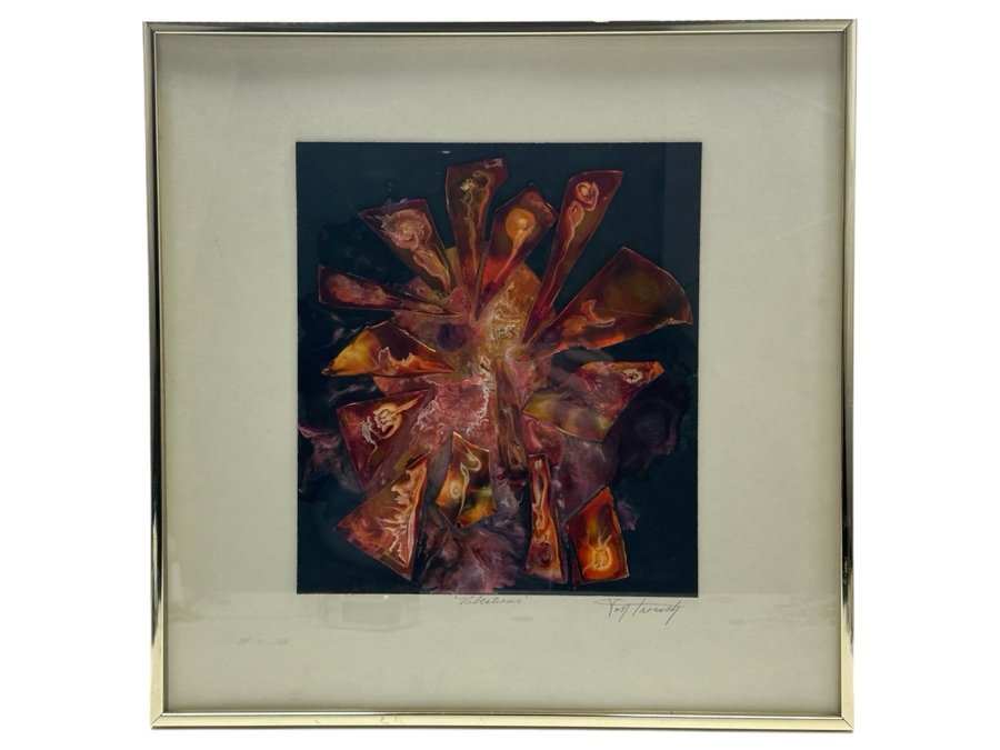 Original Mixed-Media Glass Collage Titled 'Vibrations' Artist Signed Signature Illegible 10.5 X 12 Framed 18 X 18 [Photo 2]