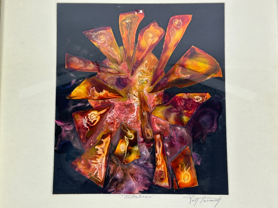 Original Mixed-Media Glass Collage Titled 'Vibrations' Artist Signed Signature Illegible 10.5 X 12 Framed 18 X 18 [Photo 3]