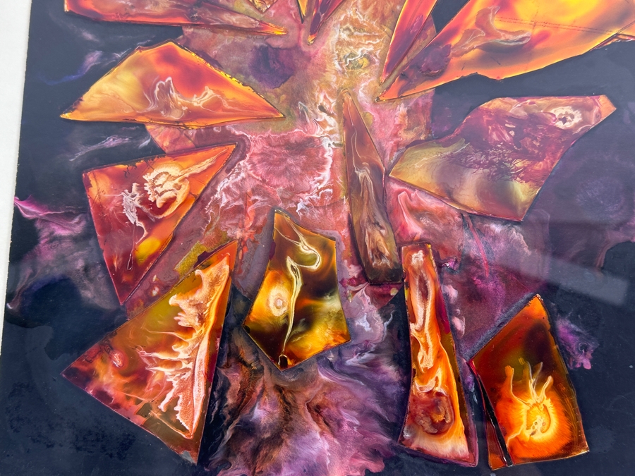 Original Mixed-Media Glass Collage Titled 'Vibrations' Artist Signed Signature Illegible 10.5 X 12 Framed 18 X 18 [Photo 7]