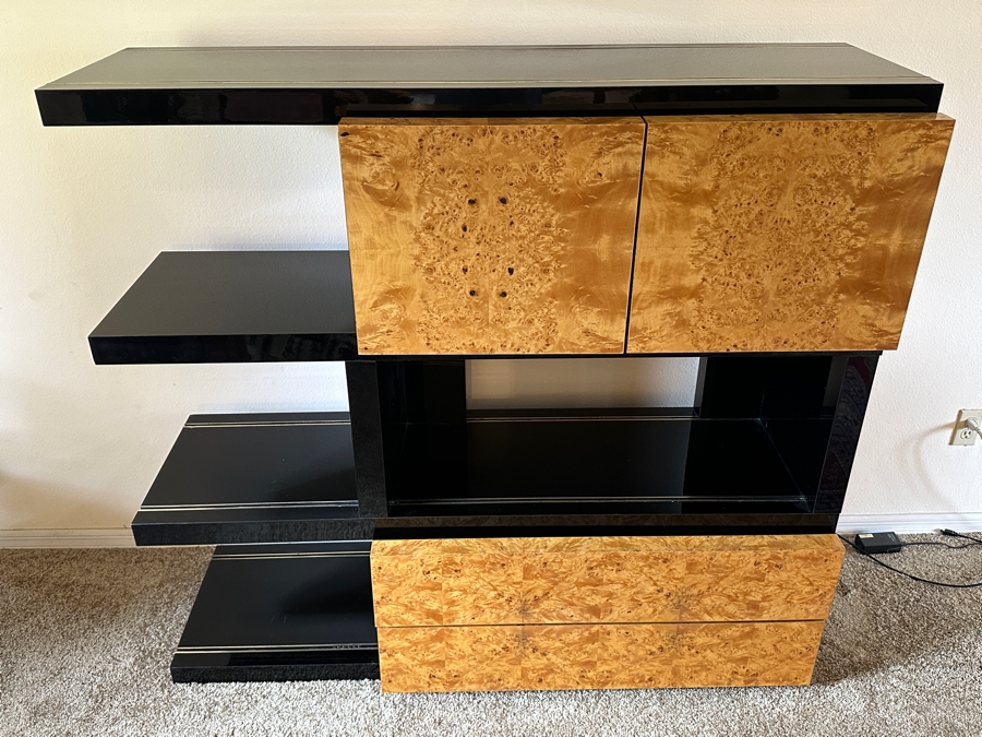 Burl Wood / Black Lacquer Cabinet Case With Hidden Bar And 2 Drawers 59W X 20D X 54.5H [Photo 7]