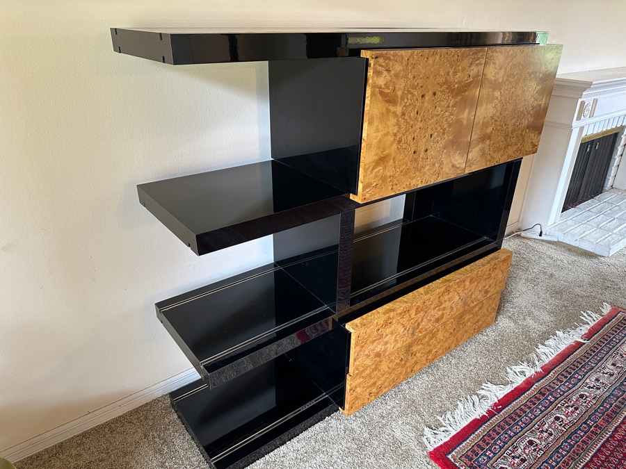 Burl Wood / Black Lacquer Cabinet Case With Hidden Bar And 2 Drawers 59W X 20D X 54.5H [Photo 8]