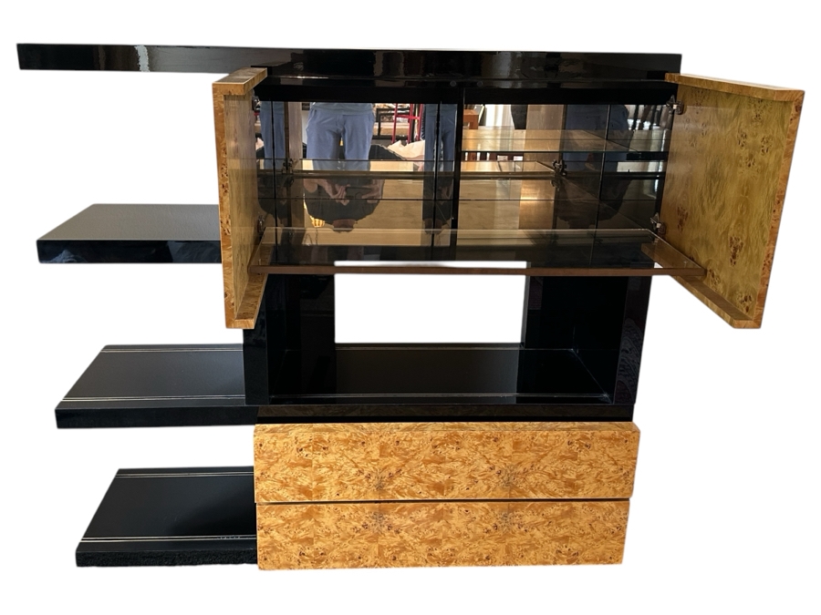 Burl Wood / Black Lacquer Cabinet Case With Hidden Bar And 2 Drawers 59W X 20D X 54.5H [Photo 2]
