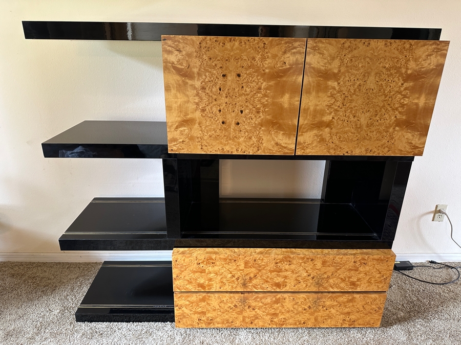 Burl Wood / Black Lacquer Cabinet Case With Hidden Bar And 2 Drawers 59W X 20D X 54.5H [Photo 11]