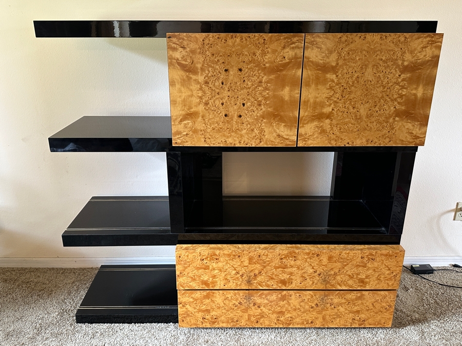 Burl Wood / Black Lacquer Cabinet Case With Hidden Bar And 2 Drawers 59W X 20D X 54.5H [Photo 6]