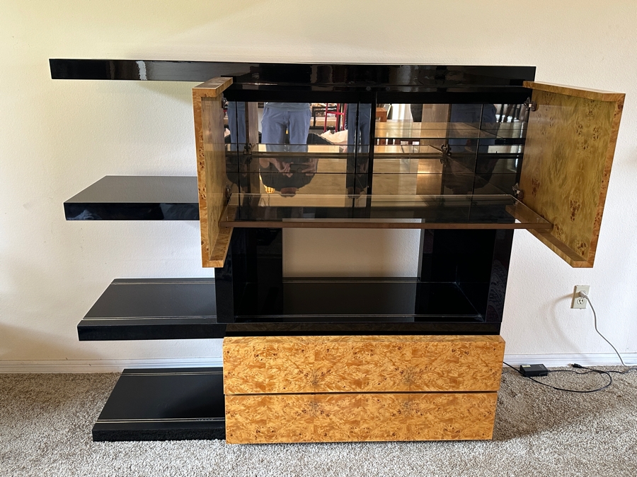 Burl Wood / Black Lacquer Cabinet Case With Hidden Bar And 2 Drawers 59W X 20D X 54.5H [Photo 3]