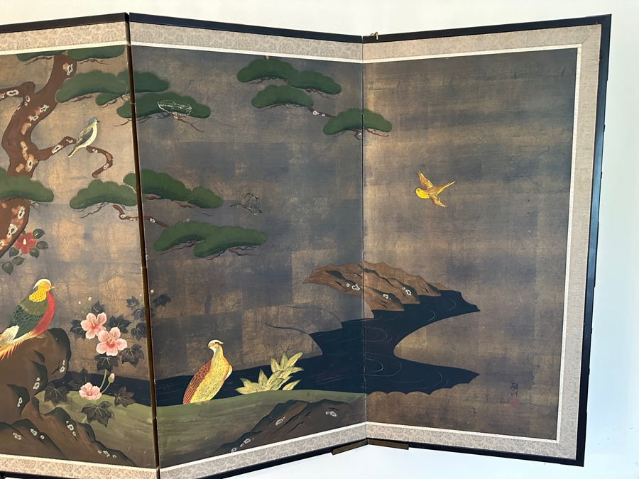 Signed Japanese Silk 4-Panel Screen 74W X 36H [Photo 3]