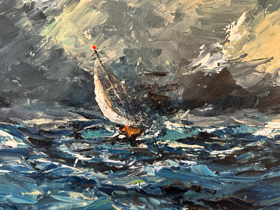 Original Oil Painting On Canvas Panel Of A Sailboat In Stormy Seas Signature Illegible 20 X 16 [Photo 2]