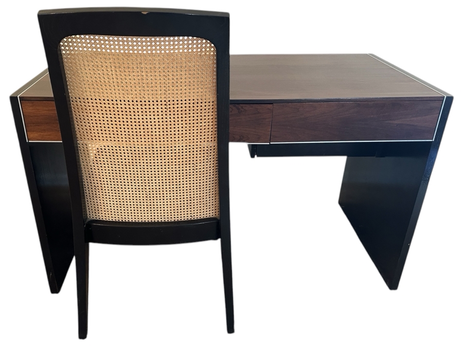 Vintage John Stuart Mid-Century Modern Rosewood Desk 49.5W X 24D X 28.5H With Vintage John Stuart Cane Back Office Chair