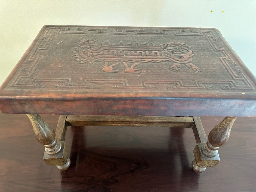 Tooled Embossed Leather Top Stool Bench 17.5 X 10D X 13H [Photo 12]