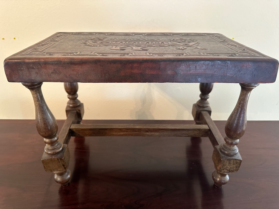 Tooled Embossed Leather Top Stool Bench 17.5 X 10D X 13H [Photo 5]