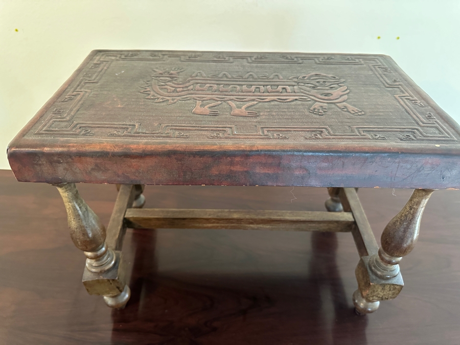 Tooled Embossed Leather Top Stool Bench 17.5 X 10D X 13H [Photo 11]