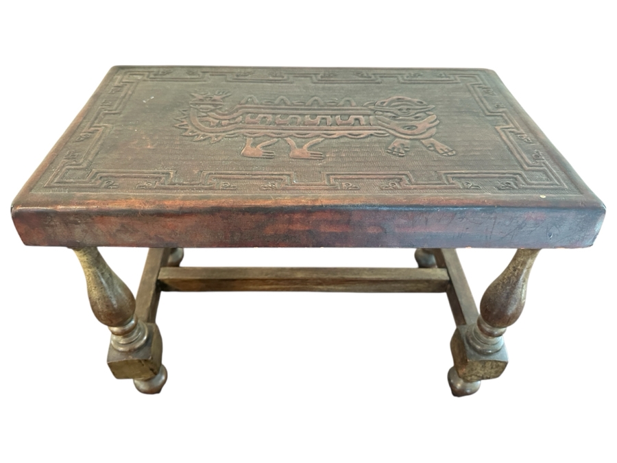 Tooled Embossed Leather Top Stool Bench 17.5 X 10D X 13H [Photo 1]