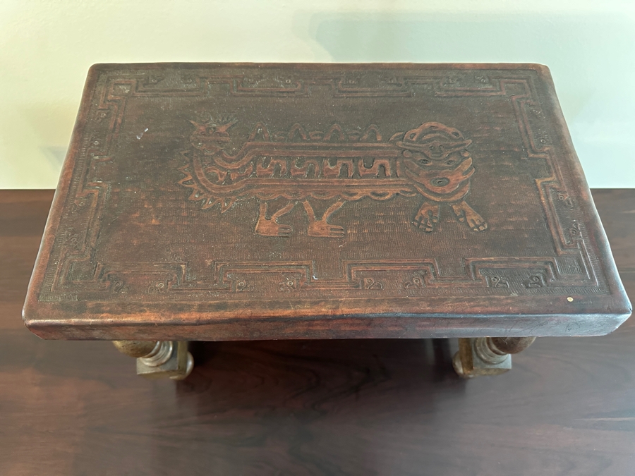Tooled Embossed Leather Top Stool Bench 17.5 X 10D X 13H [Photo 2]