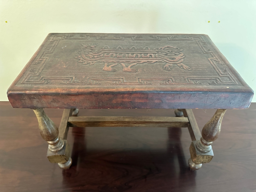 Tooled Embossed Leather Top Stool Bench 17.5 X 10D X 13H [Photo 3]