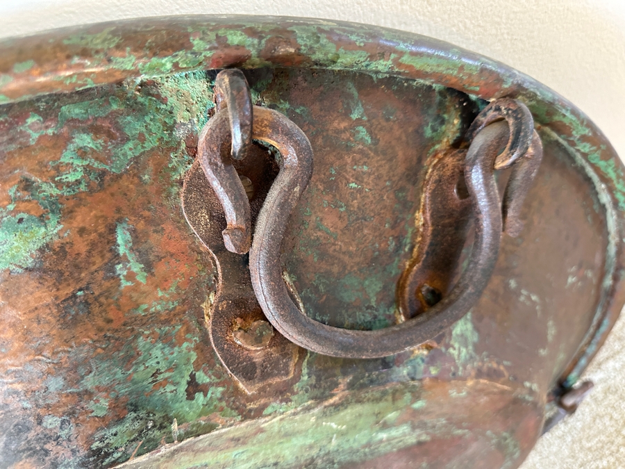 Antique Islamic Copper Metalwork Tray With Four Wrought Iron Handles and Metal Display Stand 32.5W X 14.5H with Stand [Photo 16]