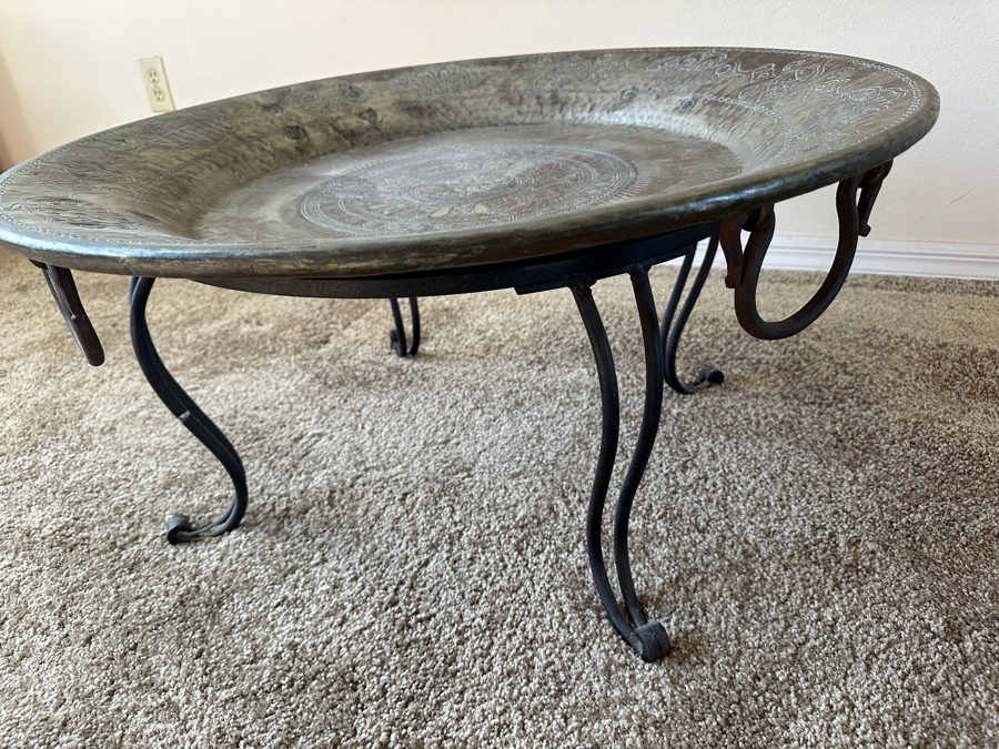 Antique Islamic Copper Metalwork Tray With Four Wrought Iron Handles and Metal Display Stand 32.5W X 14.5H with Stand [Photo 7]