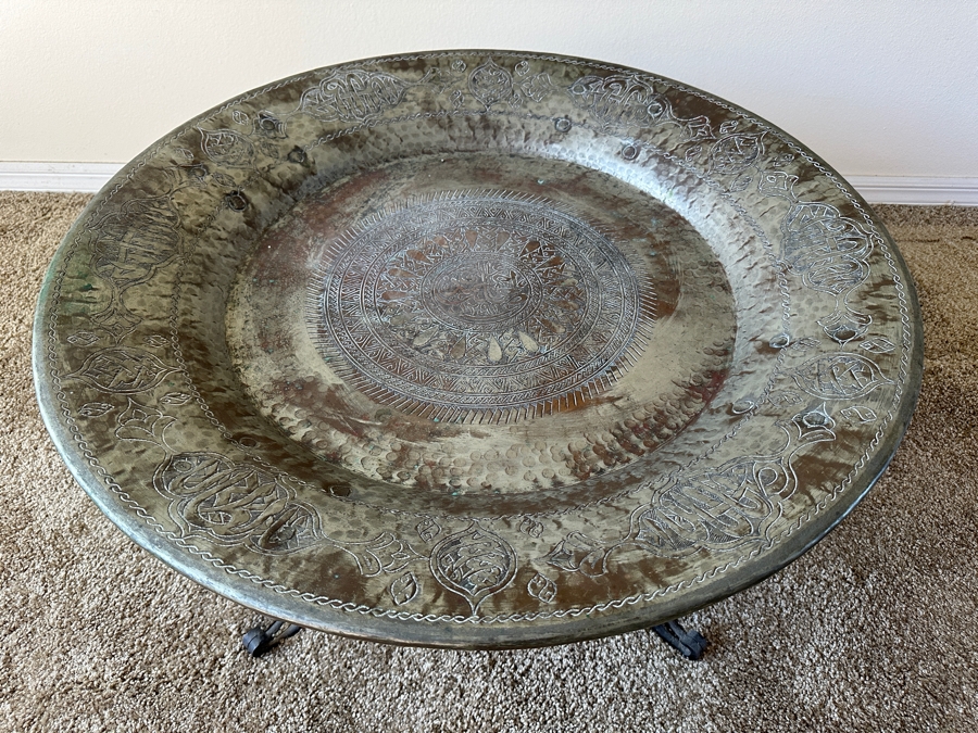 Antique Islamic Copper Metalwork Tray With Four Wrought Iron Handles and Metal Display Stand 32.5W X 14.5H with Stand [Photo 4]