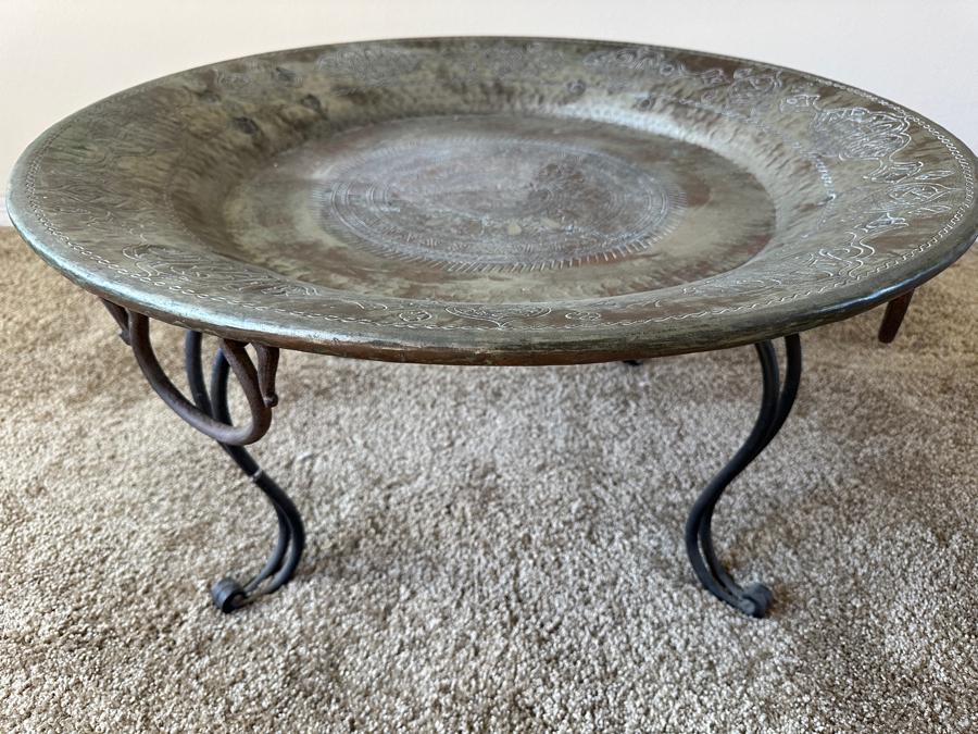 Antique Islamic Copper Metalwork Tray With Four Wrought Iron Handles and Metal Display Stand 32.5W X 14.5H with Stand [Photo 6]