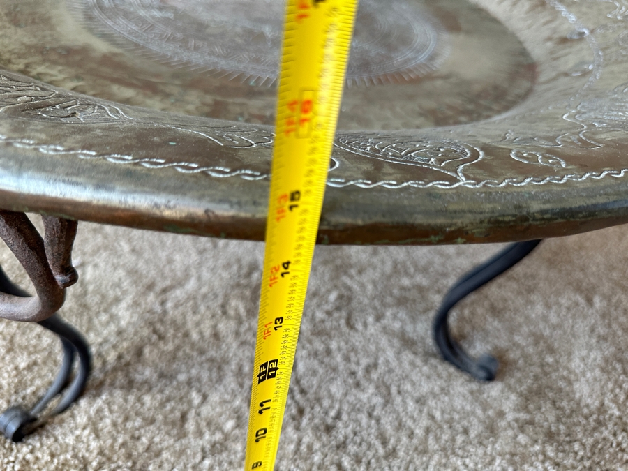 Antique Islamic Copper Metalwork Tray With Four Wrought Iron Handles and Metal Display Stand 32.5W X 14.5H with Stand [Photo 18]