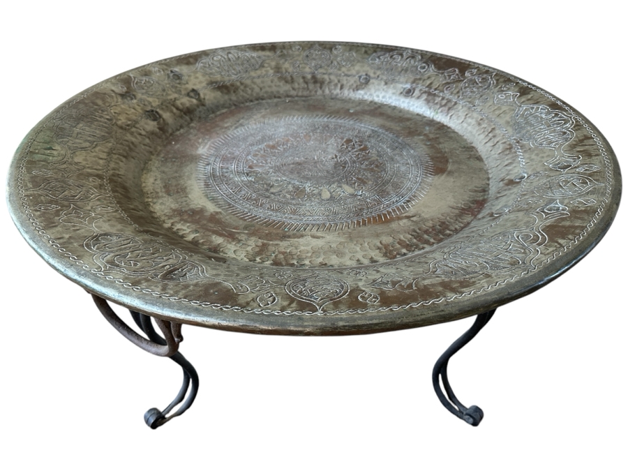 Antique Islamic Copper Metalwork Tray With Four Wrought Iron Handles and Metal Display Stand 32.5W X 14.5H with Stand [Photo 1]