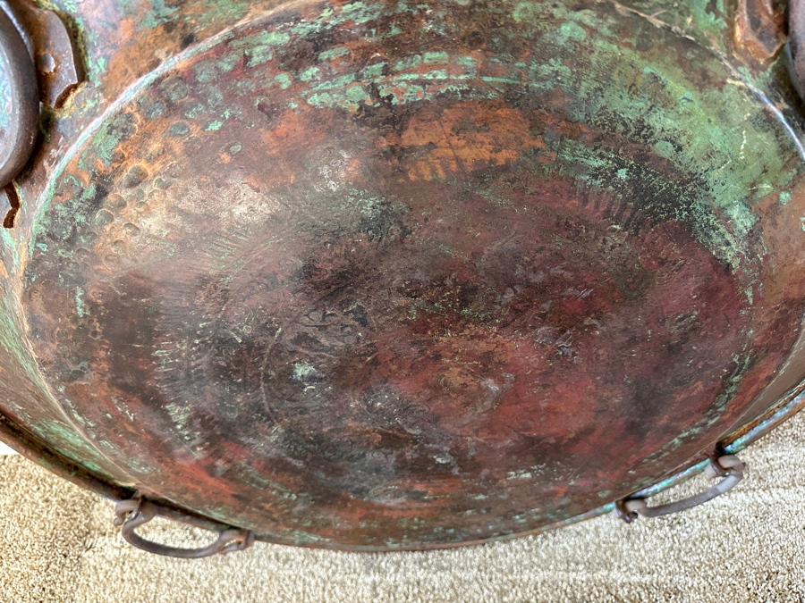 Antique Islamic Copper Metalwork Tray With Four Wrought Iron Handles and Metal Display Stand 32.5W X 14.5H with Stand [Photo 15]