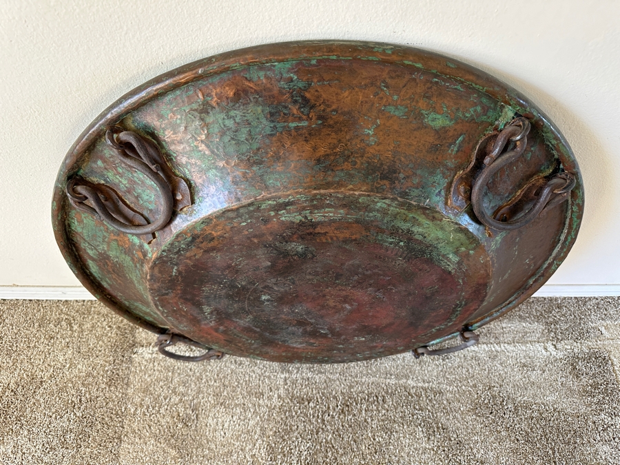 Antique Islamic Copper Metalwork Tray With Four Wrought Iron Handles and Metal Display Stand 32.5W X 14.5H with Stand [Photo 14]