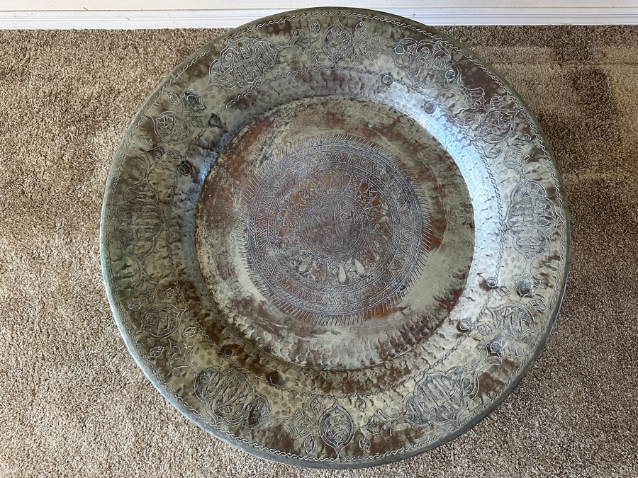 Antique Islamic Copper Metalwork Tray With Four Wrought Iron Handles and Metal Display Stand 32.5W X 14.5H with Stand [Photo 8]