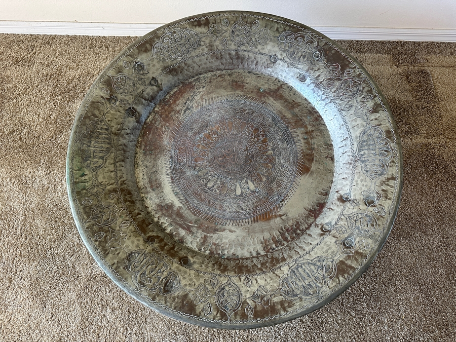 Antique Islamic Copper Metalwork Tray With Four Wrought Iron Handles and Metal Display Stand 32.5W X 14.5H with Stand [Photo 13]