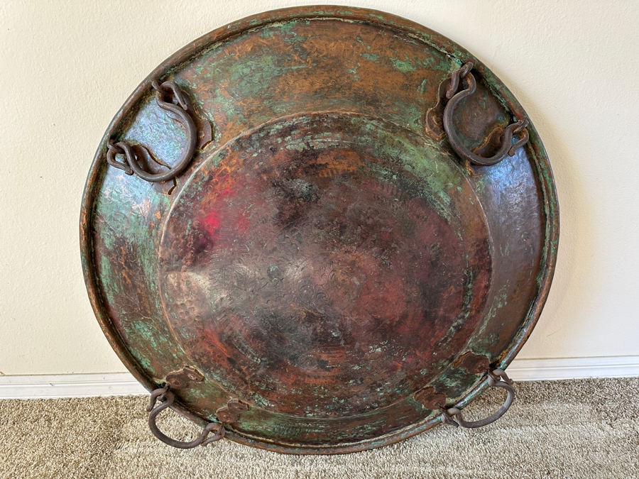Antique Islamic Copper Metalwork Tray With Four Wrought Iron Handles and Metal Display Stand 32.5W X 14.5H with Stand [Photo 2]