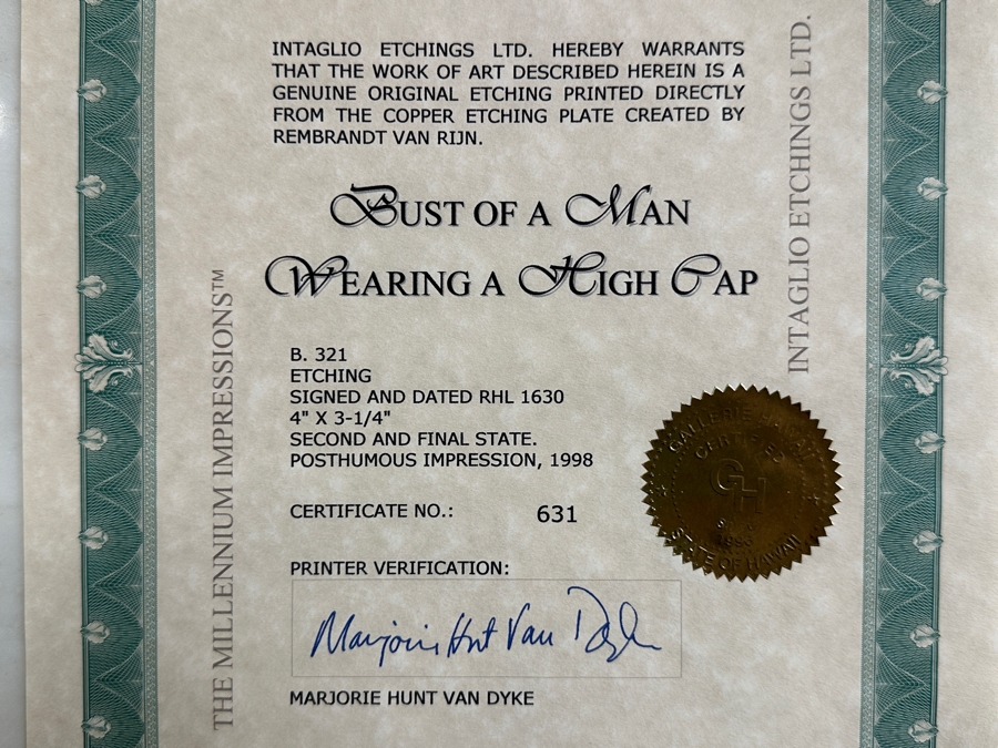 Rembrandt Harmenszoon Van Rijn (1606-1669, Dutch) 'Bust Of A Man Wearing A High Cap' Original Etching, Signed And Dated RHL 1630 Posthumous Impression, 1998 4' X 3-1/4' Framed With Brochure And Certificate Of Authenticity [Photo 24]