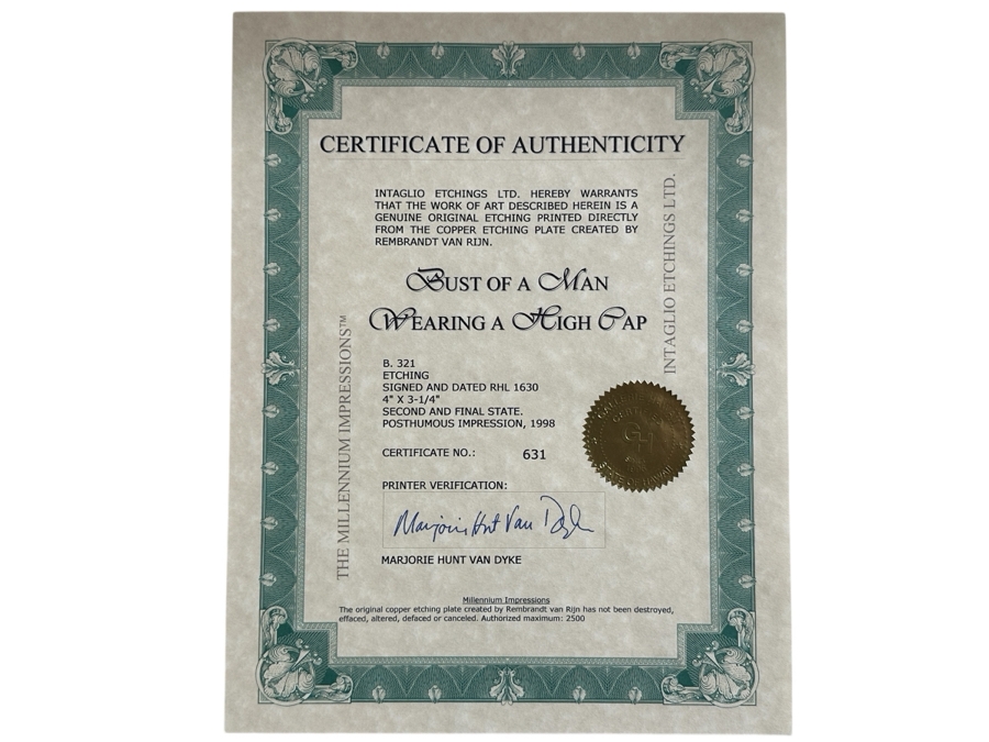 Rembrandt Harmenszoon Van Rijn (1606-1669, Dutch) 'Bust Of A Man Wearing A High Cap' Original Etching, Signed And Dated RHL 1630 Posthumous Impression, 1998 4' X 3-1/4' Framed With Brochure And Certificate Of Authenticity [Photo 2]