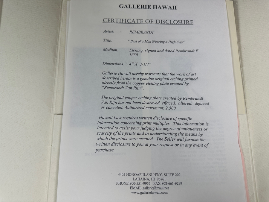 Rembrandt Harmenszoon Van Rijn (1606-1669, Dutch) 'Bust Of A Man Wearing A High Cap' Original Etching, Signed And Dated RHL 1630 Posthumous Impression, 1998 4' X 3-1/4' Framed With Brochure And Certificate Of Authenticity [Photo 22]