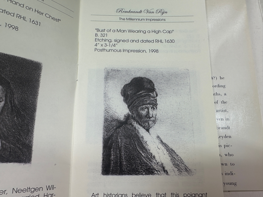 Rembrandt Harmenszoon Van Rijn (1606-1669, Dutch) 'Bust Of A Man Wearing A High Cap' Original Etching, Signed And Dated RHL 1630 Posthumous Impression, 1998 4' X 3-1/4' Framed With Brochure And Certificate Of Authenticity [Photo 15]