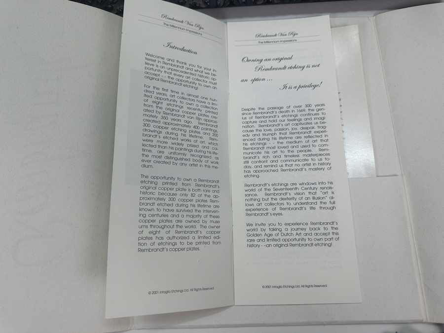 Rembrandt Harmenszoon Van Rijn (1606-1669, Dutch) 'Bust Of A Man Wearing A High Cap' Original Etching, Signed And Dated RHL 1630 Posthumous Impression, 1998 4' X 3-1/4' Framed With Brochure And Certificate Of Authenticity [Photo 13]